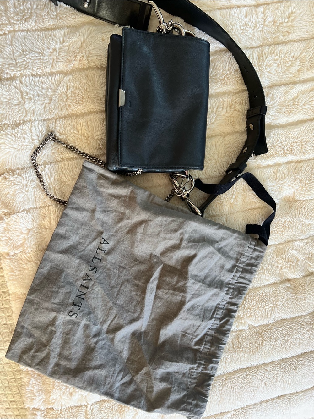 All Saints Black Leather Crossbody Clutch with Chain & Wide Strap - Picture 16 of 16